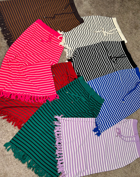 Slight stretch striped tassel midi skirt