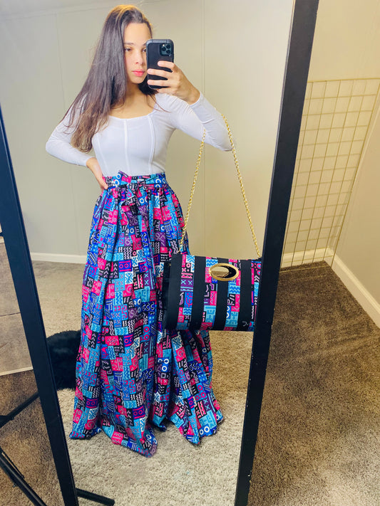 Pink Multicolor Detailed Maxi Skirt Set